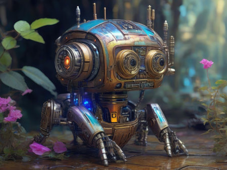 Closeup of tin robot in the garden.の素材