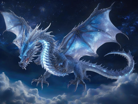 3D rendering of a fantasy dragon against a space background with starsの素材
