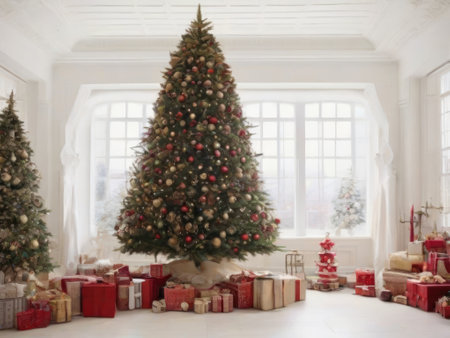 Christmas tree with gifts in a white room with a large window.の素材