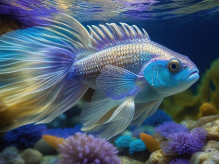 Betta fish in the aquarium. Beautiful colorful fish in the aquarium.の素材