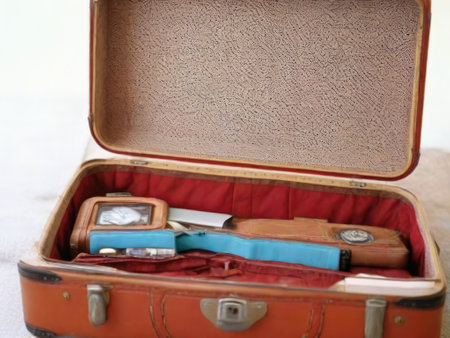 Old suitcase with a pair of wrist watches and a map in itの素材