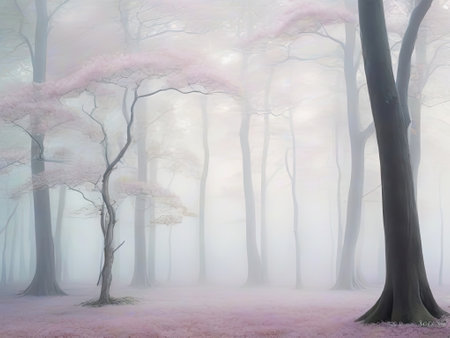 Mysterious foggy forest with pink cherry blossoms in winterの素材