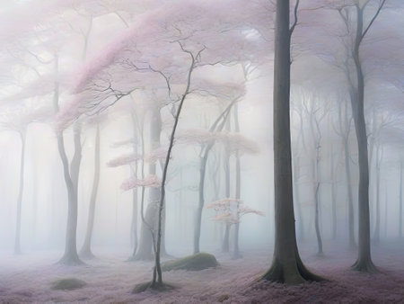 Mysterious foggy forest in winter, fantasy landscape with treesの素材