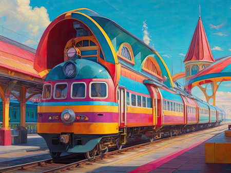 Colorful train on the platform of the railway station. Digital paintingの素材