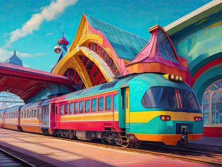 Digital painting of a train at the railway station on a sunny day.の素材