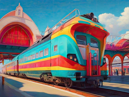 Train at the station. Digital painting on canvas. Colorful train.の素材