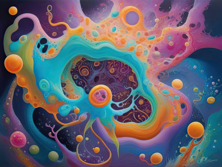 Abstract background. Psychedelic texture of brush strokes of colored paint of blurred lines and spots of different sizes and shapesの素材