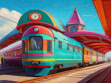 Train at the railway station in bright colors. Digital painting in oil.の素材