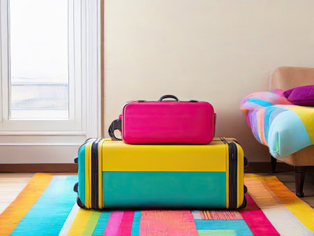 Pair of colorful travel suitcases on colorful carpet in living roomの素材
