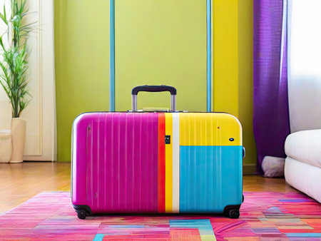 Suitcase on colorful carpet in living room, interior design conceptの素材