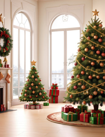 3d render of a living room with a Christmas tree and giftsの素材