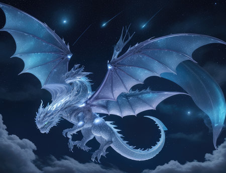3D rendering of a fantasy dragon in the night sky with starsの素材
