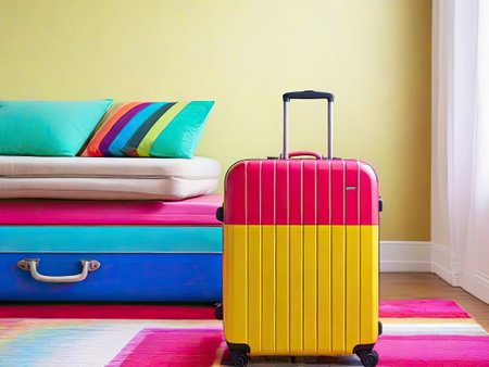 Suitcase and colorful pillows on carpet in bright room interiorの素材