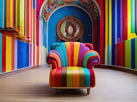 Sofa in the interior of a children's room with a colorful wallの素材