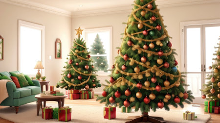 Christmas tree with decorations in the living room. 3d render illustrationの素材