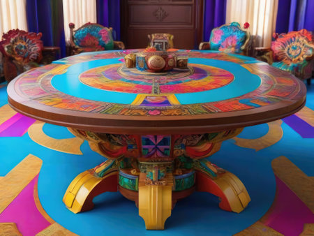 Interior of a room with a round wooden table and colorful chairsの素材