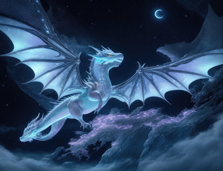 3D rendering of a fantasy dragon with a moon in the backgroundの素材