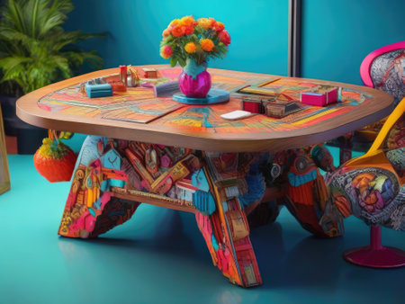 Wooden table with flowers in the interior of the living room.の素材