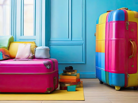 Pile of colorful suitcases on floor in room. Travel conceptの素材