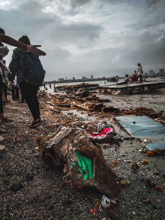 after effect of visarjan, a festival where devotees carry an idol of the Hindu god Ganesh and immerse during Ganesh Chaturthi, marina beach, chennai 13 sep 2019のeditorial素材