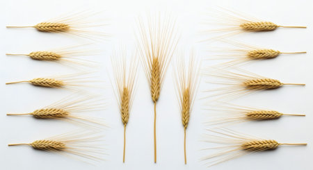 Spikelets of wheat on a white background, top view.の素材