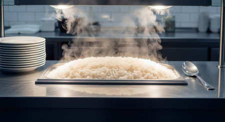 Cooking rice in a modern kitchen, steam rises from the stoveの素材
