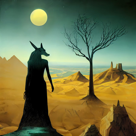 Fantasy landscape with Anubis in the desert. Vector illustrationの素材