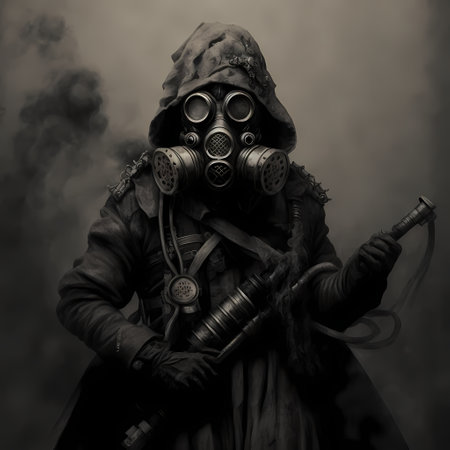 Portrait of a man in a gas mask. Black and white photo.の素材