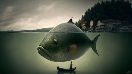Fishing boat in the sea with a big fish in the waterの素材