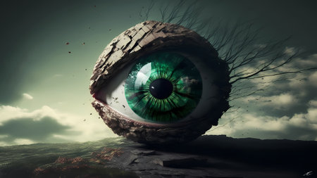 Close up of human green eye with nature landscape on background. 3D renderingの素材