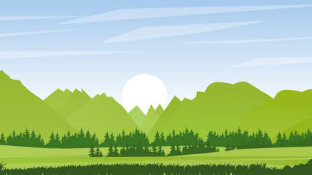 landscape with mountains and blue sky, Minimalist landscape illustration with mountains and blue skyのイラスト素材