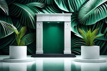 3D white product podium with green tropical palm leaves and green wallの素材