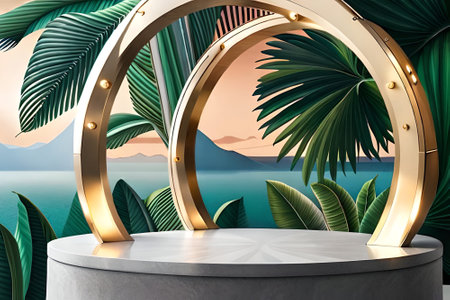 3D white product podium with green tropical palm leaves and golden round arch on green wallの素材