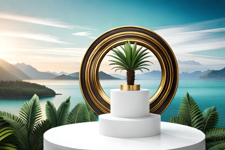 3D white product podium with green tropical palm leaves and golden round arch on green wallの素材
