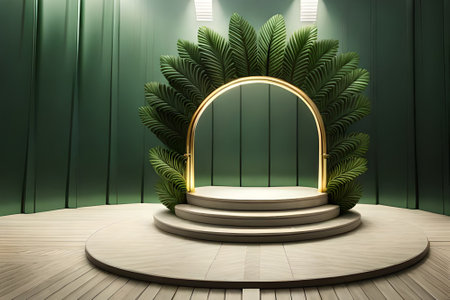 3D white product podium with green tropical palm leaves and golden round arch on green wallの素材