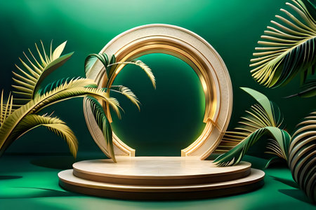 3D white product podium with green tropical palm leaves and golden round arch on green wallの素材