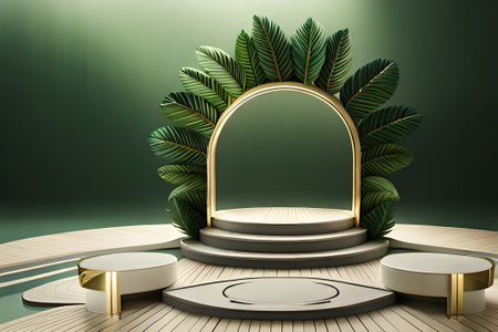 3D white product podium with green tropical palm leaves and golden round arch on green wallの素材