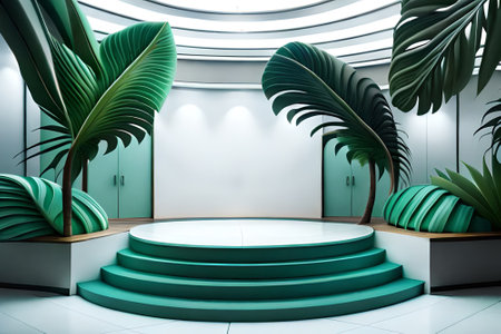3D white product podium with green tropical palm leaves and green wallの素材