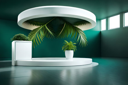 3D white product podium with green tropical palm leaves and green wallの素材