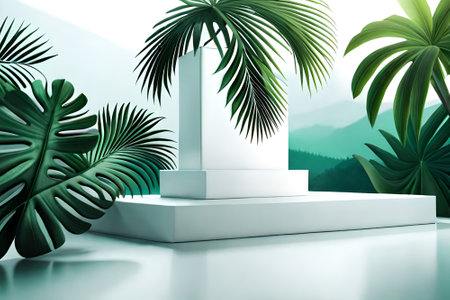 3D white product podium with green tropical palm leaves and green wallの素材