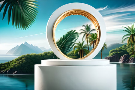 3D white product podium with green tropical palm leaves and golden round arch on green wallの素材