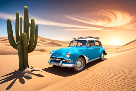 car in desert with cactus big beautiful sceneの素材