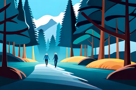 flat illustration of a blue night ice forest, and night light through the trees. A moment to rest and enjoy the nature beautyの素材