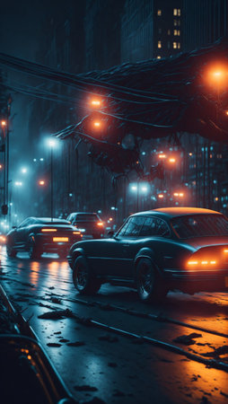 Winter season on futuristic night streetsの素材