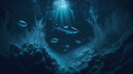 Illustration of a night scene underwaterの素材