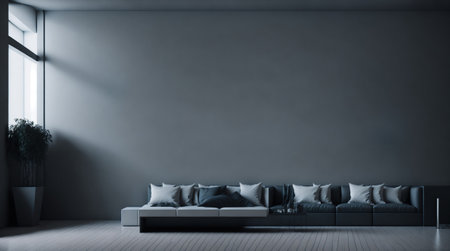 Interior of modern living room with gray walls, concrete floor, gray sofa and coffee table. 3d renderingの素材