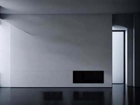 Modern gallery interior with empty wall, concrete floor and black ceiling. Mock up, 3D Renderingの素材