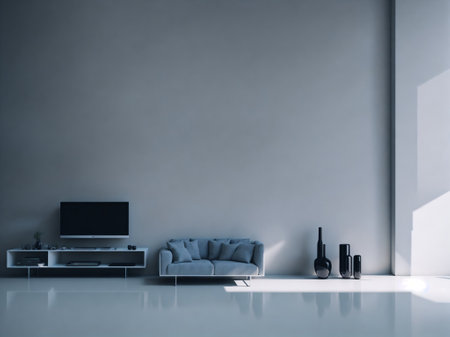 Interior of modern living room with white walls, concrete floor, white sofa and tv. 3d renderingの素材