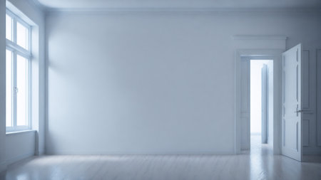 3D rendering of a white empty room with open door and windowの素材