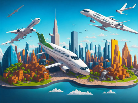 Airplane flying over the city. 3D illustration. Vector.の素材